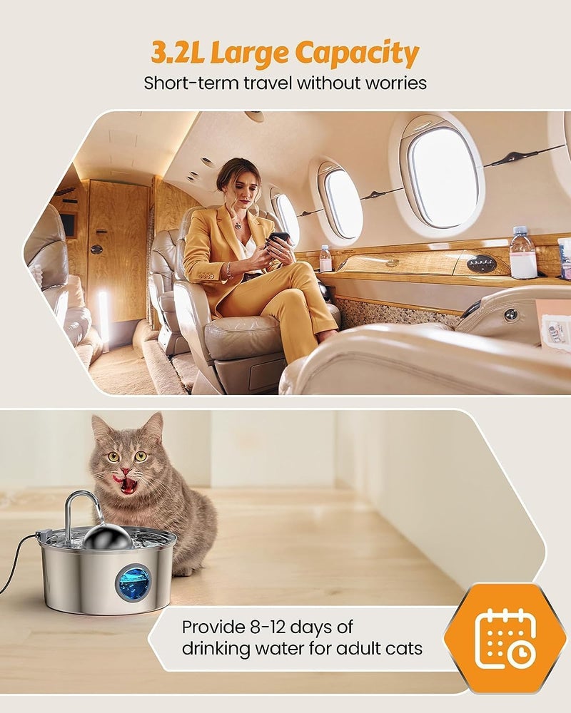 AONBOY Cat Water Fountain with 16 Filters, 108oz/3.2L Cat Fountain Stainless Steel, Includes 8 Carbon Filters and 8 Sponge Filters, Faucet Shape Dog Water Fountain, Double Noise Reduction Design - Image 5